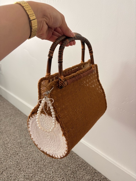 Handbags - Woven Straw Top-Handle Bag in Brown and Cream